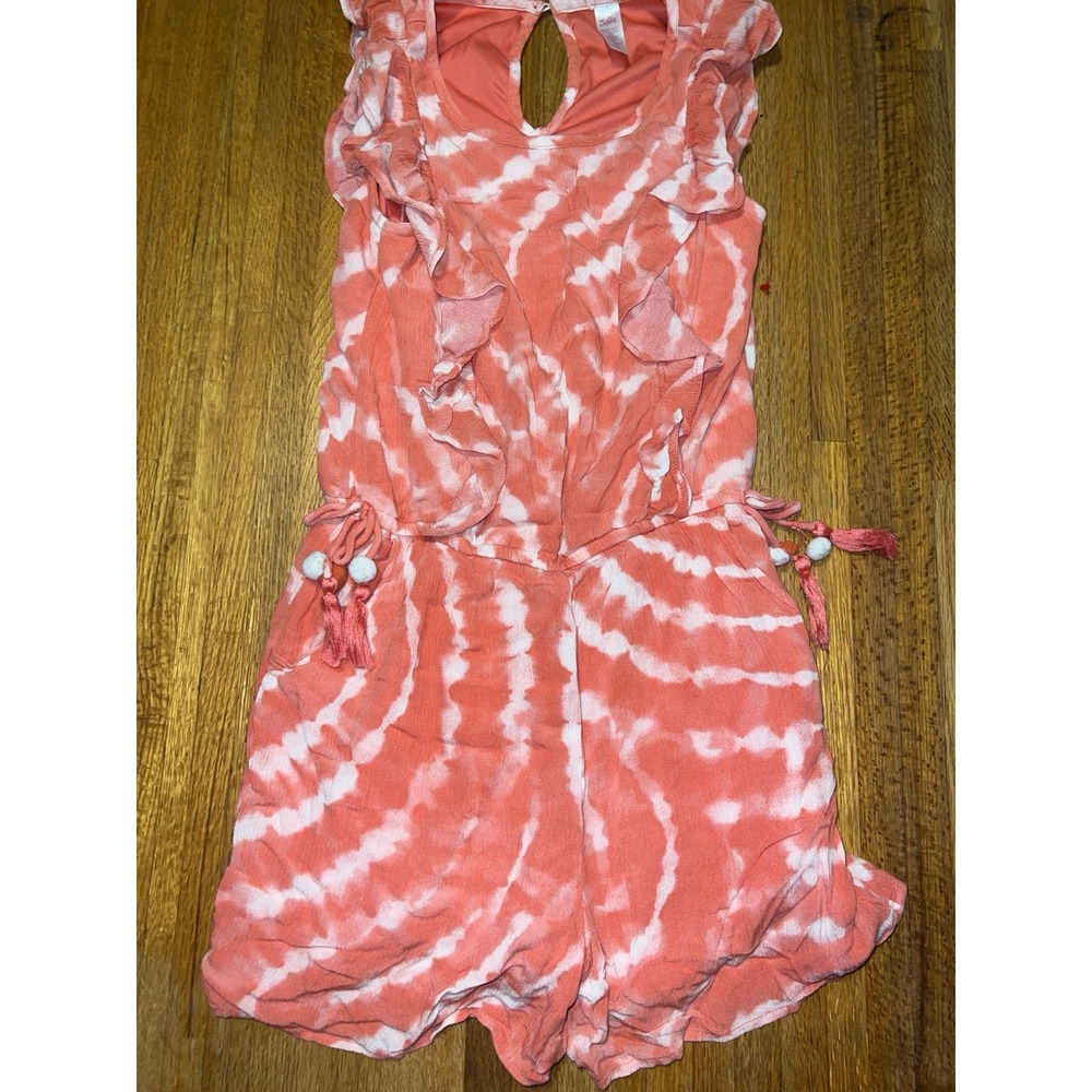 Justice Girls 16 Peach White Tie-Dye Tassel Ruffle Sleeveless Short Romper